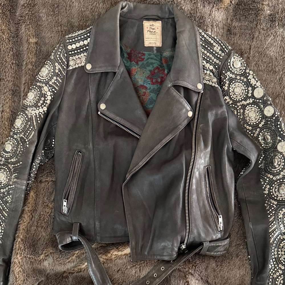 Free People Black Leather Moto Jacket with Embellished Sleeves
